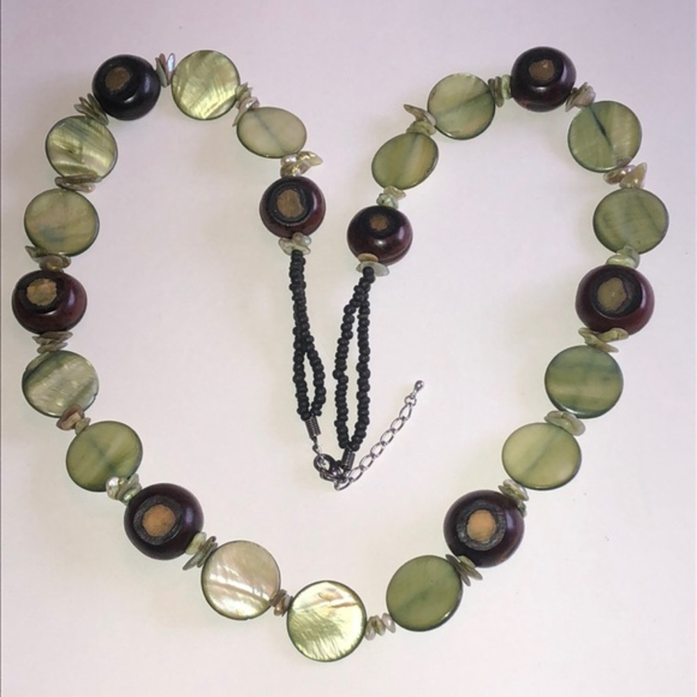 Elegant Green and Brown Seed and Shell Beaded Boho Necklace